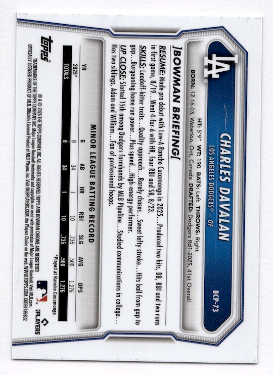2026 Bowman Chrome Prospects Blue RayWave Ref., #BCP73 Charles Davalan #'d /150