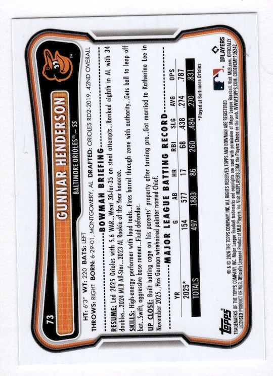 2026 Bowman Green Pattern #73 Gunnar Henderson #'d /99 (Baltimore Orioles)