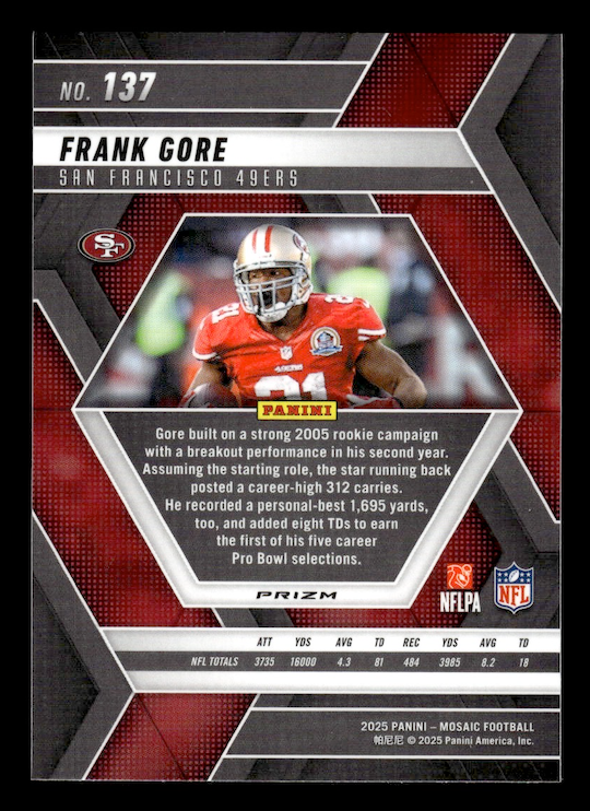 2025 Panini Mosaic Purple Scope #137 Frank Gore (San Francisco 49ers)