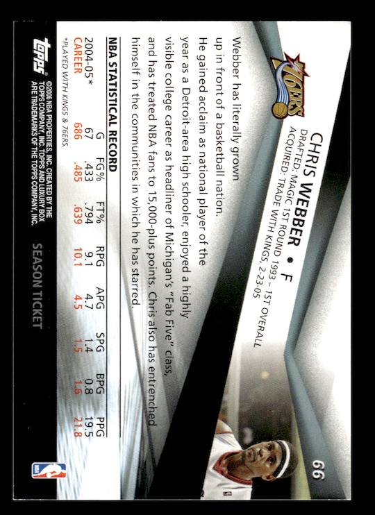 2005-06 Topps Luxury Box Season Ticket #66 Chris Webber (Philadelphia 76ers)