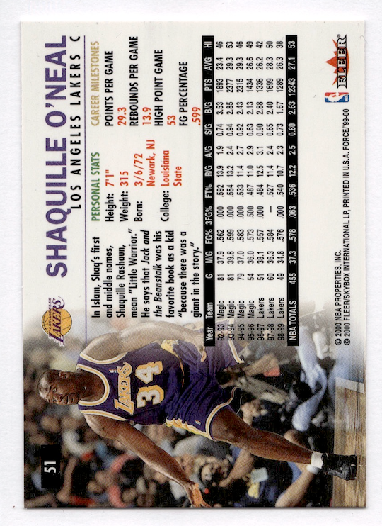 1999-00 Fleer Force #51 Shaquille O'Neal (Los Angeles Lakers)