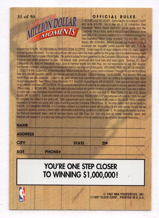 1997-98 Fleer Kobe Bryant #31 Million Dollar Moments ( Los Angeles Lakers)