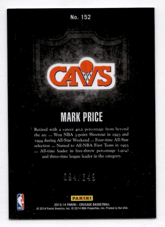2013-14 Panini Crusade Insert Red #152 Mark Price #'d /349 (Cavaliers)