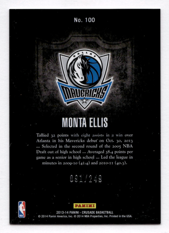 2013-14 Panini Crusade Insert Teal #100 Monta Ellis #'d /249 (Mavericks)