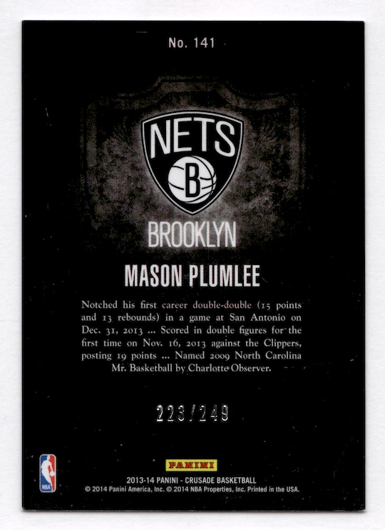 2013-14 Panini Crusade Insert Teal #141 Mason Plumlee #'d /249 (Brooklyn Nets)