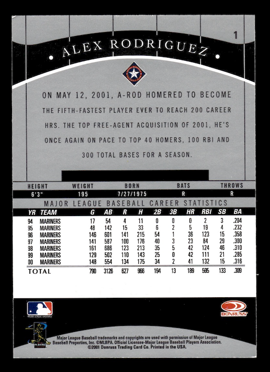 2001 Donruss Classics #1 Alex Rodriguez (Texas Rangers)