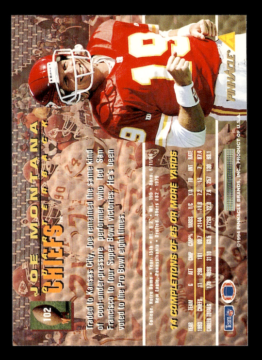 1994 Pinnacle #102 Joe Montana (Kansas City Chiefs)