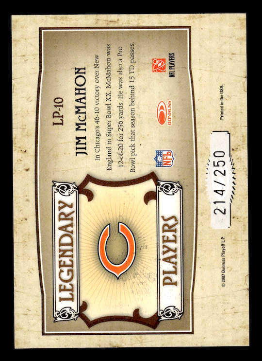 2007 Donruss Classics Legendary Players Silver #10 Jim McMahon #'d / 250 (Bears)