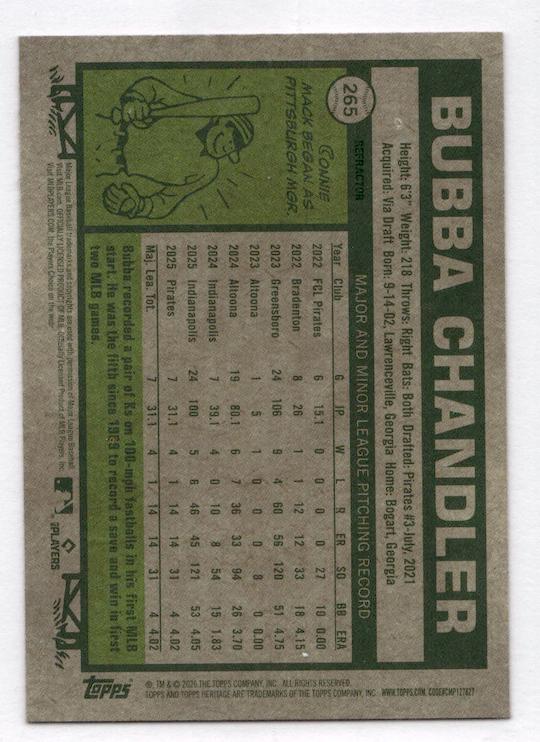 2026 Topps Heritage Chrome Refractors #265 Bubba Chandler RC (Pirates)