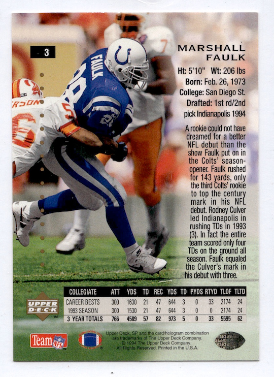 1994 SP Die Cuts #3 Marshall Faulk Premier Prospects (Indianapolis Colts)