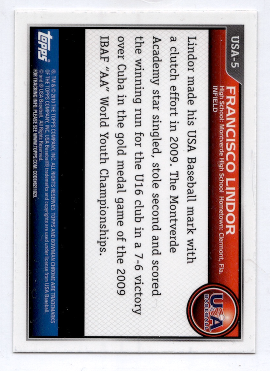 2010 Bowman Chrome USA Stars #USA5 Francisco Lindor (Team USA)