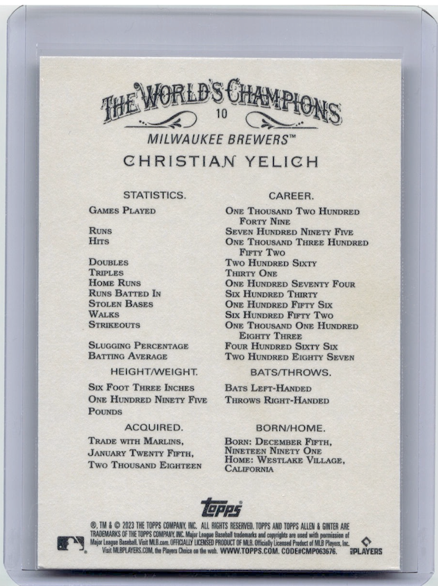 2023 Topps Allen and Ginter #10 Christian Yelich (Milwaukee Brewers)