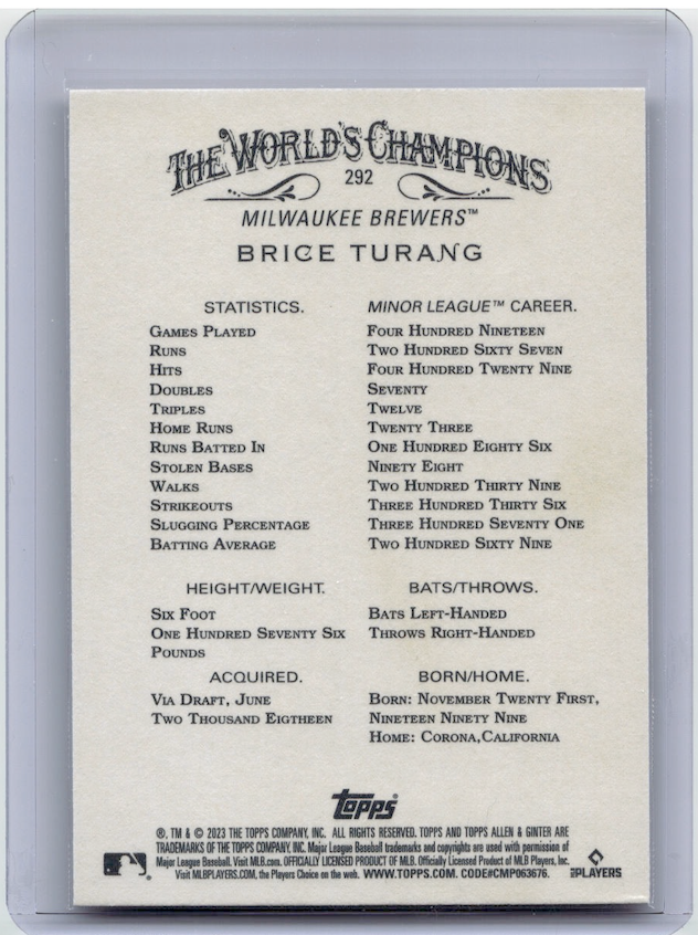 2023 Topps Allen and Ginter #292 Rookie Brice Turang (Milwaukee Brewers)