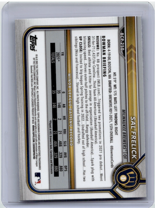 2022 Bowman Chrome Sapphire Prospects #BCP250 Sal Frelick (Milwaukee Brewers)