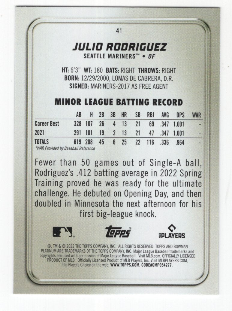 2023 Bowman Platinum Julio Rodriguez Ice Pattern Foil #25 (Mariners)