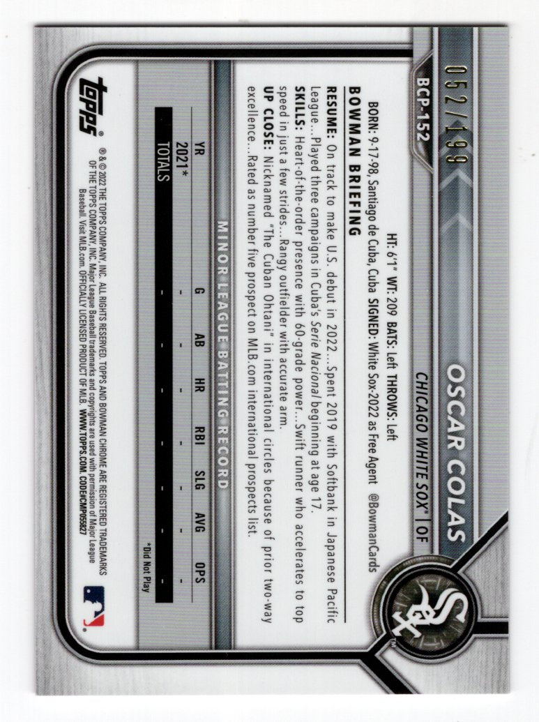2022 Bowman Chrome Oscar Colas Fuchsia Refractor #'d /199 (White Sox)