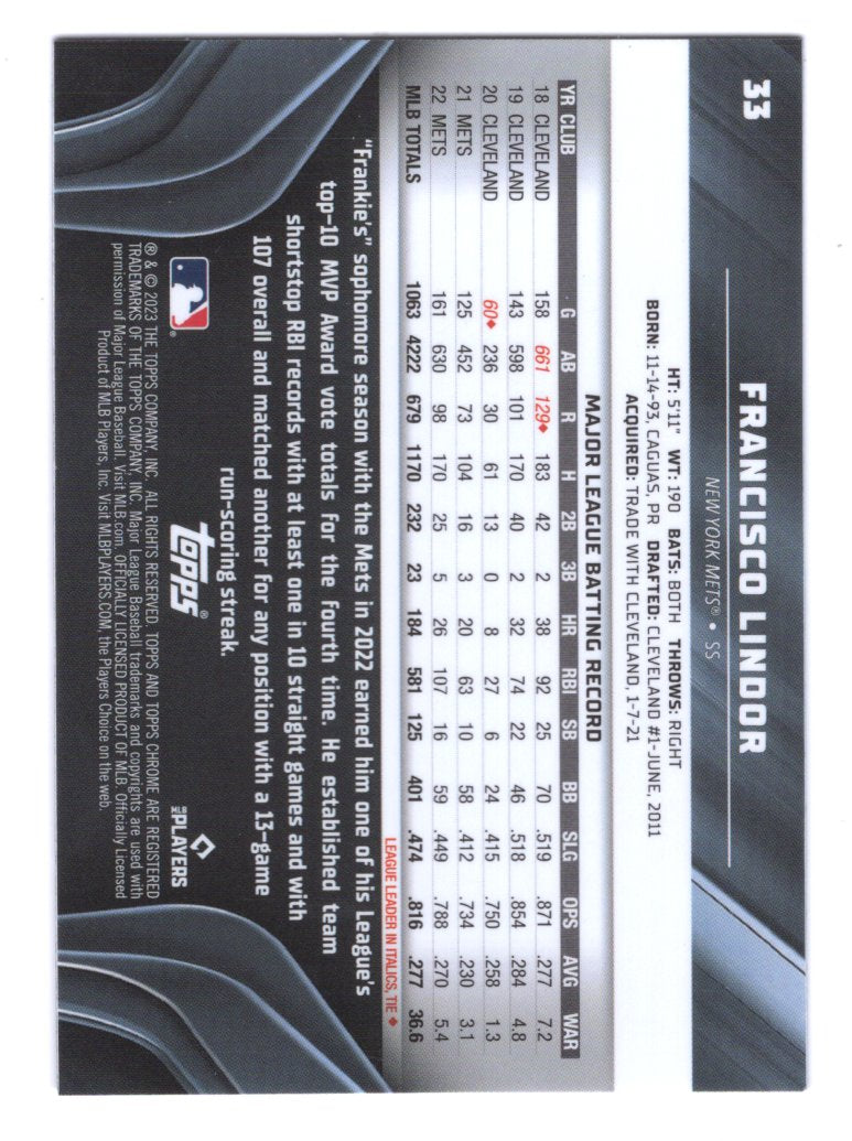 2023 Topps Chrome Black Francisco Lindor Card #33 (Mets)