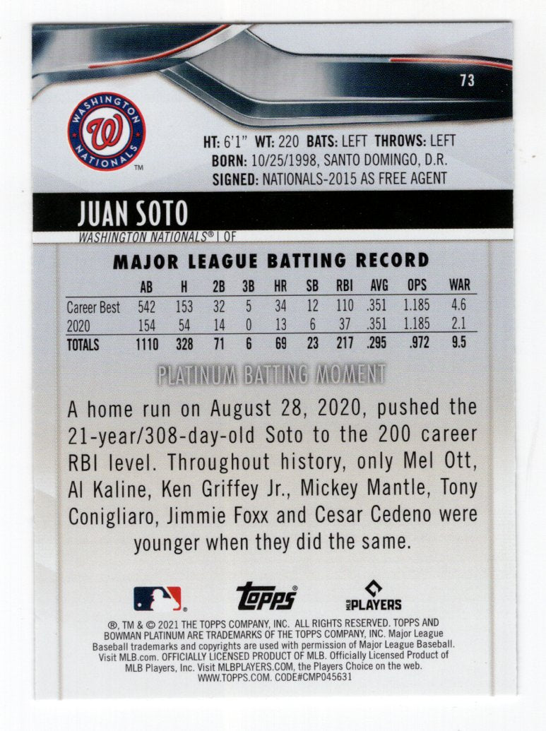2021 Bowman Platinum Ice Foil Parallel Juan Soto #73 (Washington Nationals)