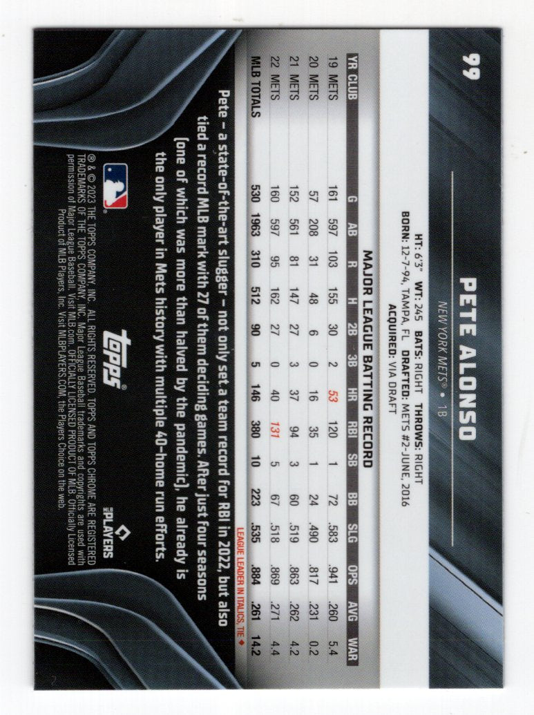 2023 Topps Chrome Black Pete Alonso Card #99 (New York Mets)