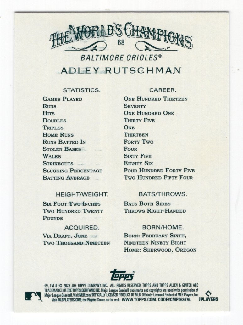 2023 Topps Allen & Ginter Adley Rutschman #68 Hot Box Foil Rookie (Orioles)