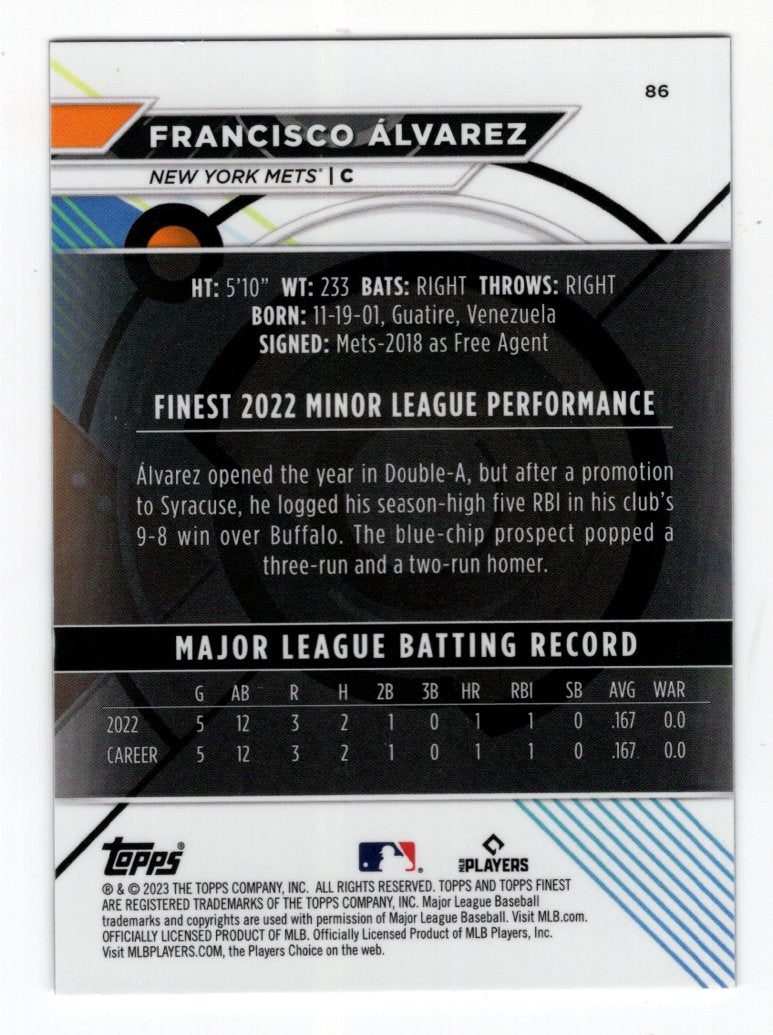 2023 Topps Finest Base RC #86 Francisco Alvarez (New York Mets)