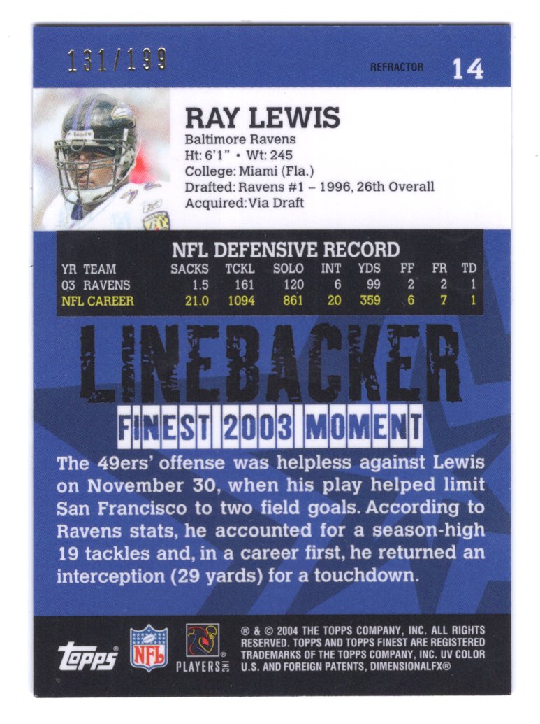 2004 Topps Finest Ray Lewis #14 Refractor #'d /199 (Baltimore Ravens)