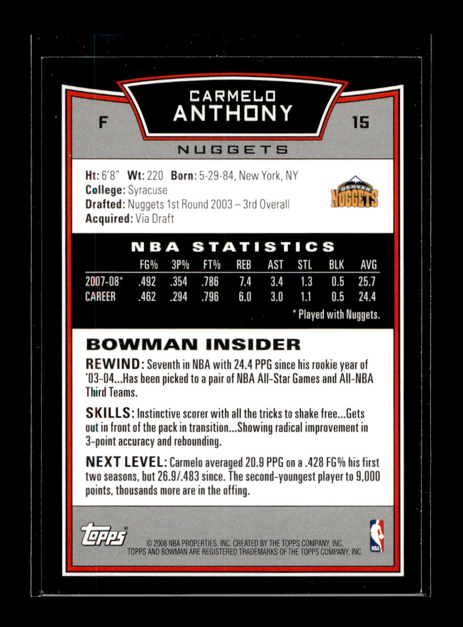 2008-09 Bowman Chrome #15 Carmelo Anthony (Denver Nuggets)