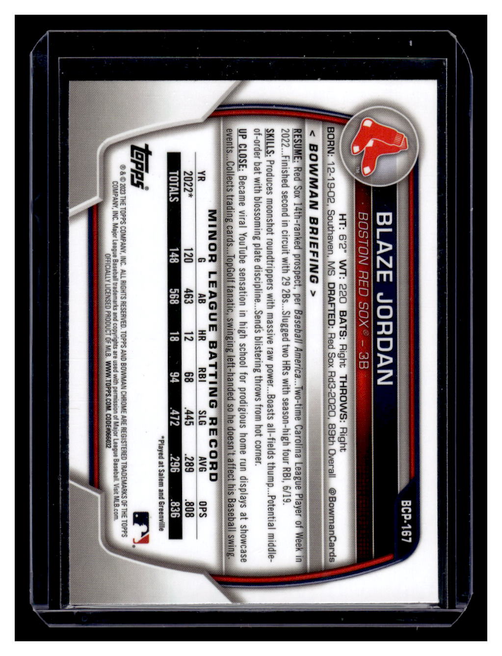 2023 Bowman Chrome "Prospects" #BCP-167 Blaze Jordan (Boston Red Sox)