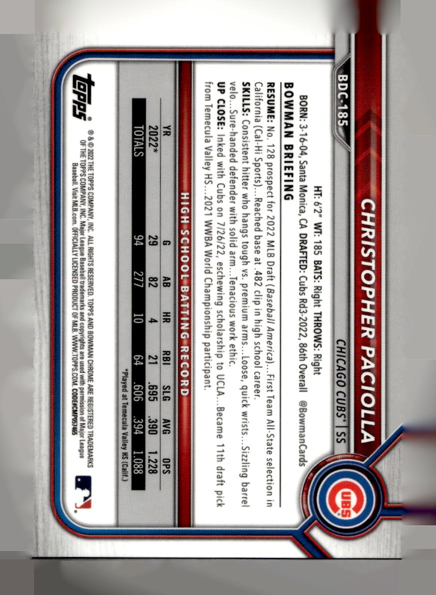 2022 Bowman Chrome Draft Sapphire #BDC185 Christopher Paciolla (Chicago Cubs)