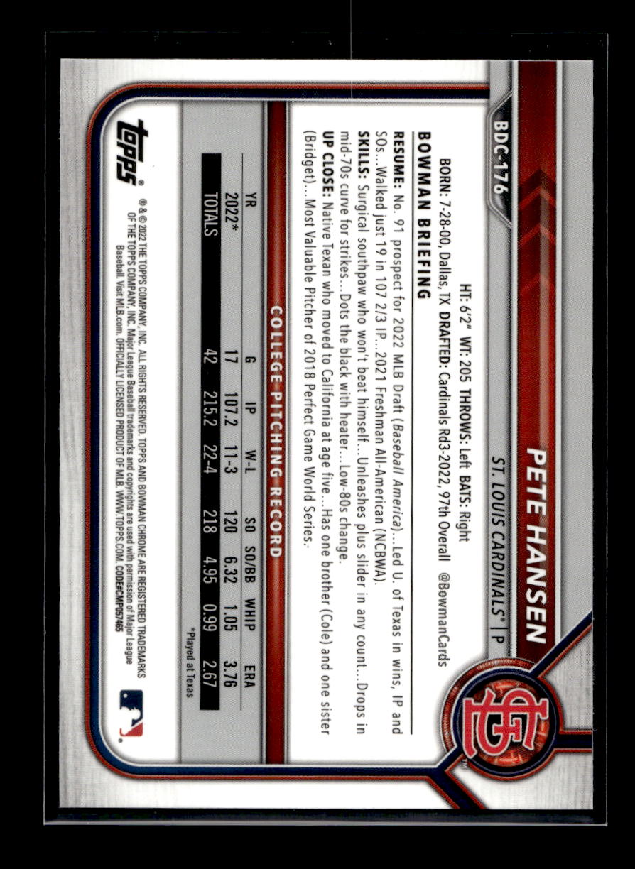 2022 Bowman Chrome Draft Sapphire #BDC176 Pete Hansen (St. Louis Cardinals)