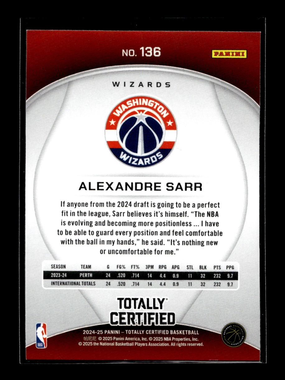 2024-25 Totally Certified #136 Alexandre Sarr Rookie (Washington Wizards)
