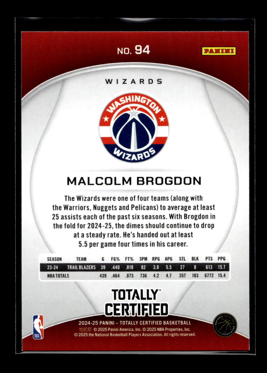 2024-25 Totally Certified #94 Malcolm Brogdon (Washington Wizards)