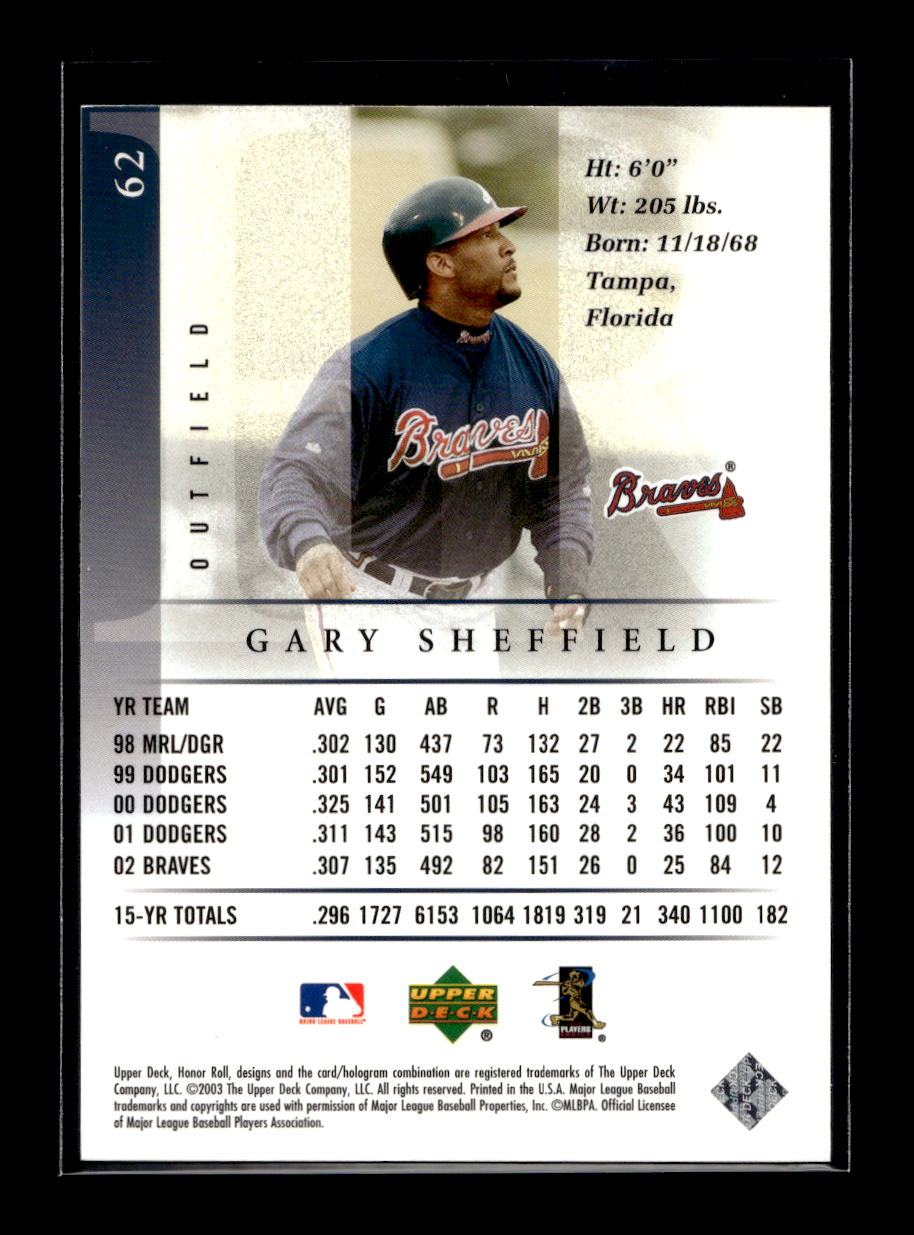 2003 Upper Deck Honor Roll #62 Gary Sheffield (Atlanta Braves)