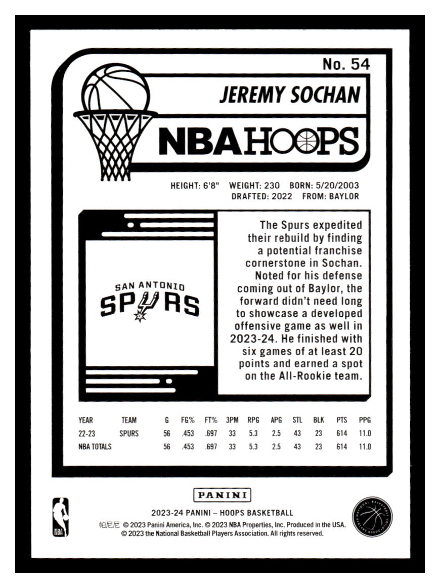 2023-24 NBA Hoops #54 Jermey Sochan (San Antonio Spurs)