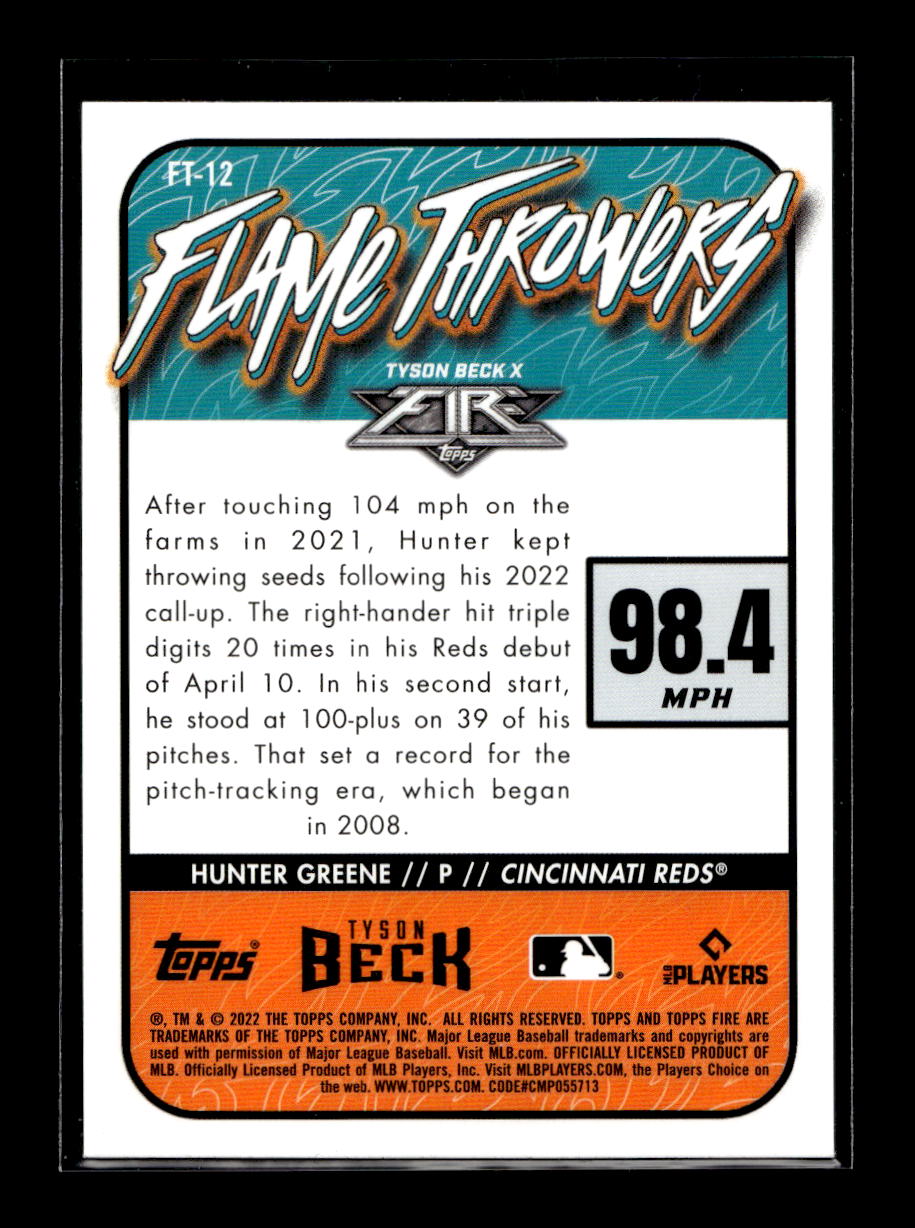 2022 Topps Fire Flame Throwers Gold Minted #FT12 Hunter Greene (Cincinnati Reds)