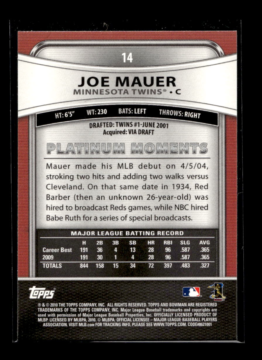 2010 Bowman Platinum #14 Joe Mauer (Minnesota Twins)
