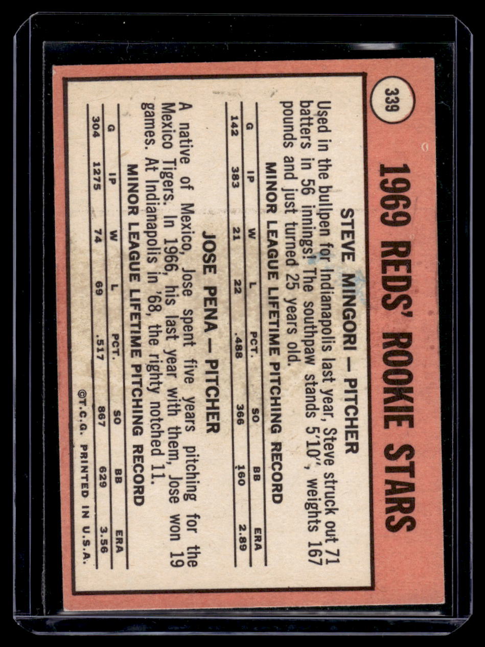 1969 Topps #339 Reds "1969 Rookie Stars" (Steve Mingori / Jose Pena) RC
