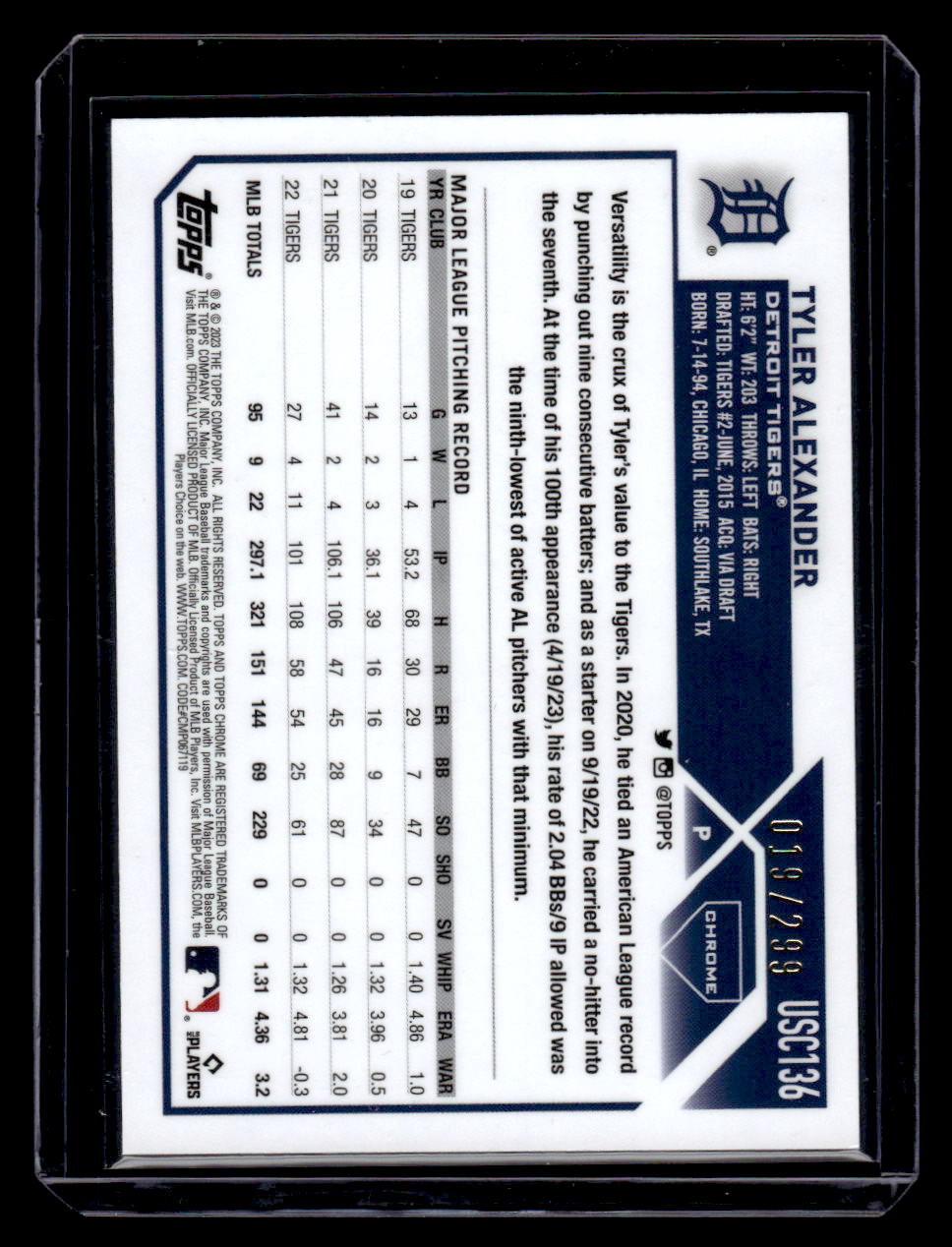 2023 Topps Chrome Update Magenta Purple Lava Lamp #USC136 Tyler Alexander #'d /299 (Tigers)