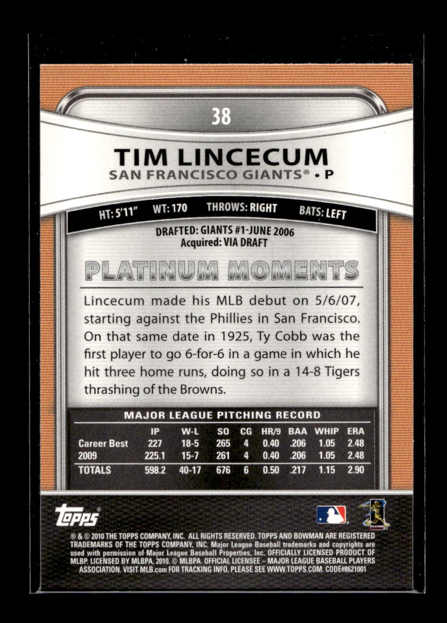 2010 Bowman Platinum #38 Tim Lincecum (San Francisco Giants)