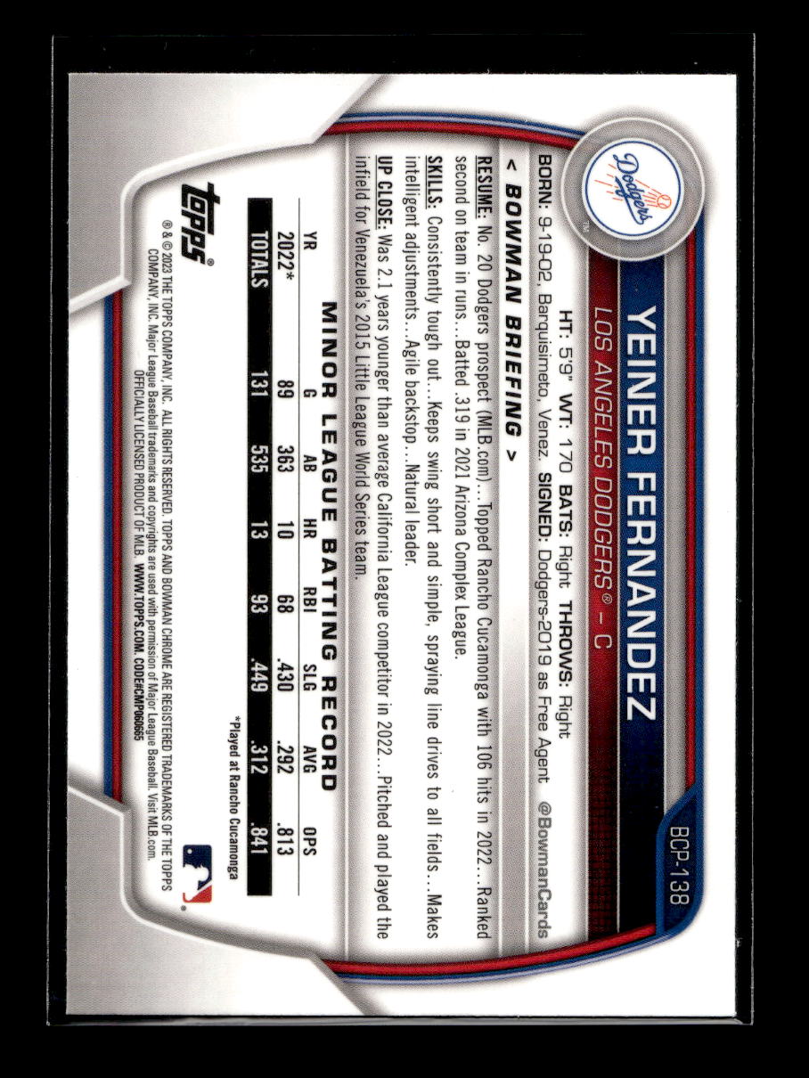 2023 Bowman Chrome Prospects #BCP138 Yeiner Fernandez (Los Angeles Dodgers)