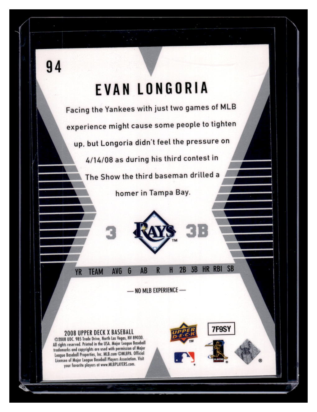 2008 Upper Deck X #94 Evan Longoria Rookie RC (Tampa Bay Rays)