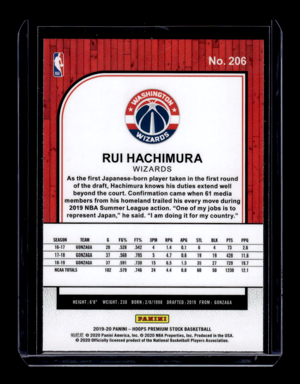 2019-20 NBA Hoops "Premium Stock" #206 Rui Hachimura RC Rookie (Washington Wizards)