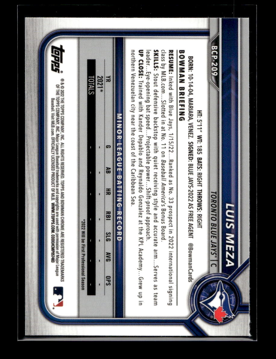 2022 Bowman Chrome Sapphire Prospects #BCP209 Luis Meza (Toronto Blue Jays)