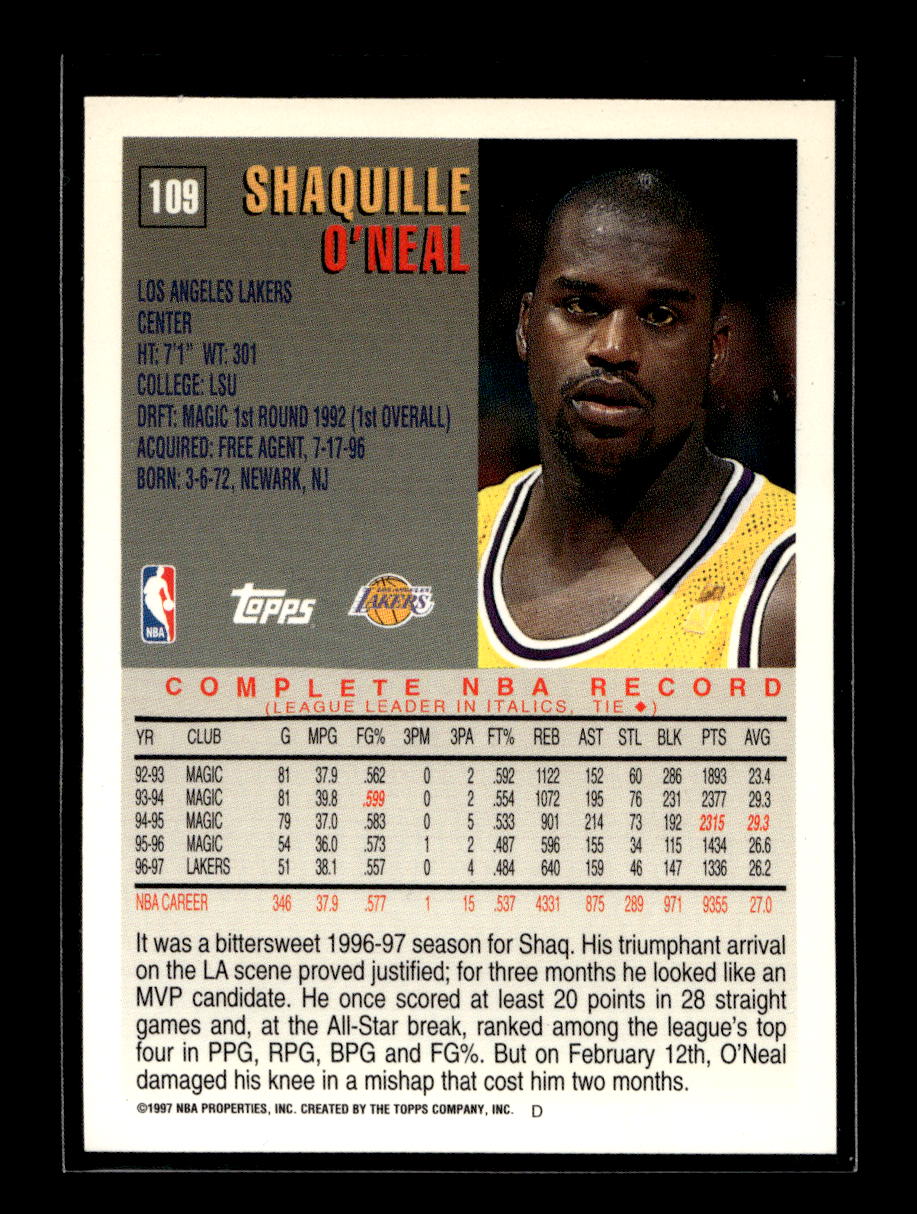 1997-98 Topps #109 Shaquille O'Neal (Los Angeles Lakers)