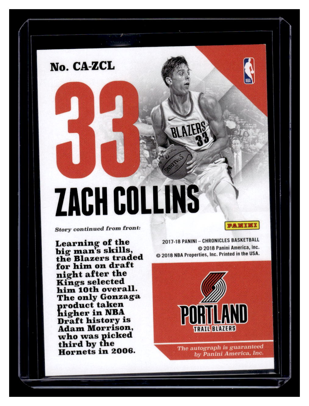 2017-18 Chronicles #CA-ZCL Zach Collins Autograph #'d /149 (Portland Trailblazers)