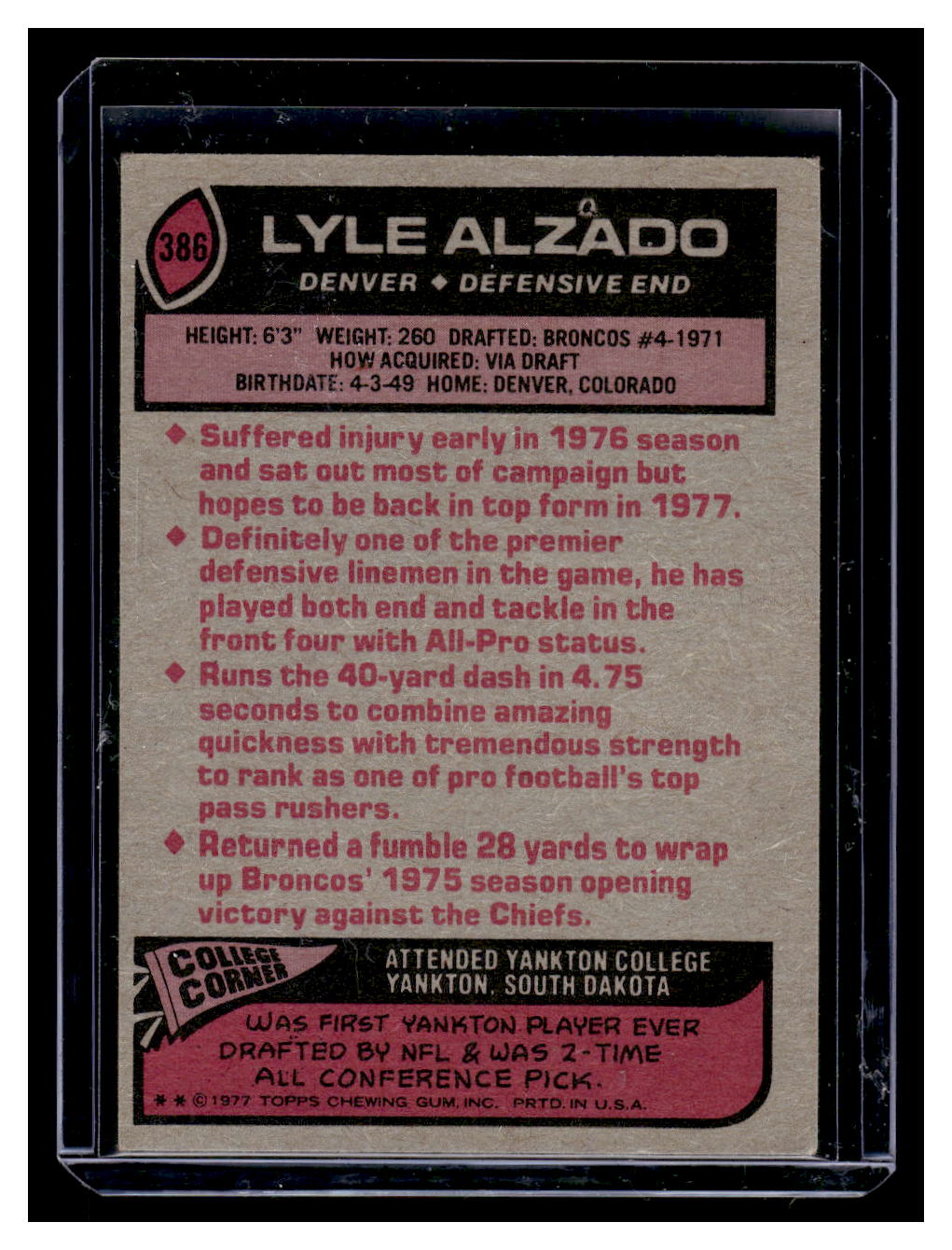 1977 Topps #386 Lyle Alzado (Denver Broncos)
