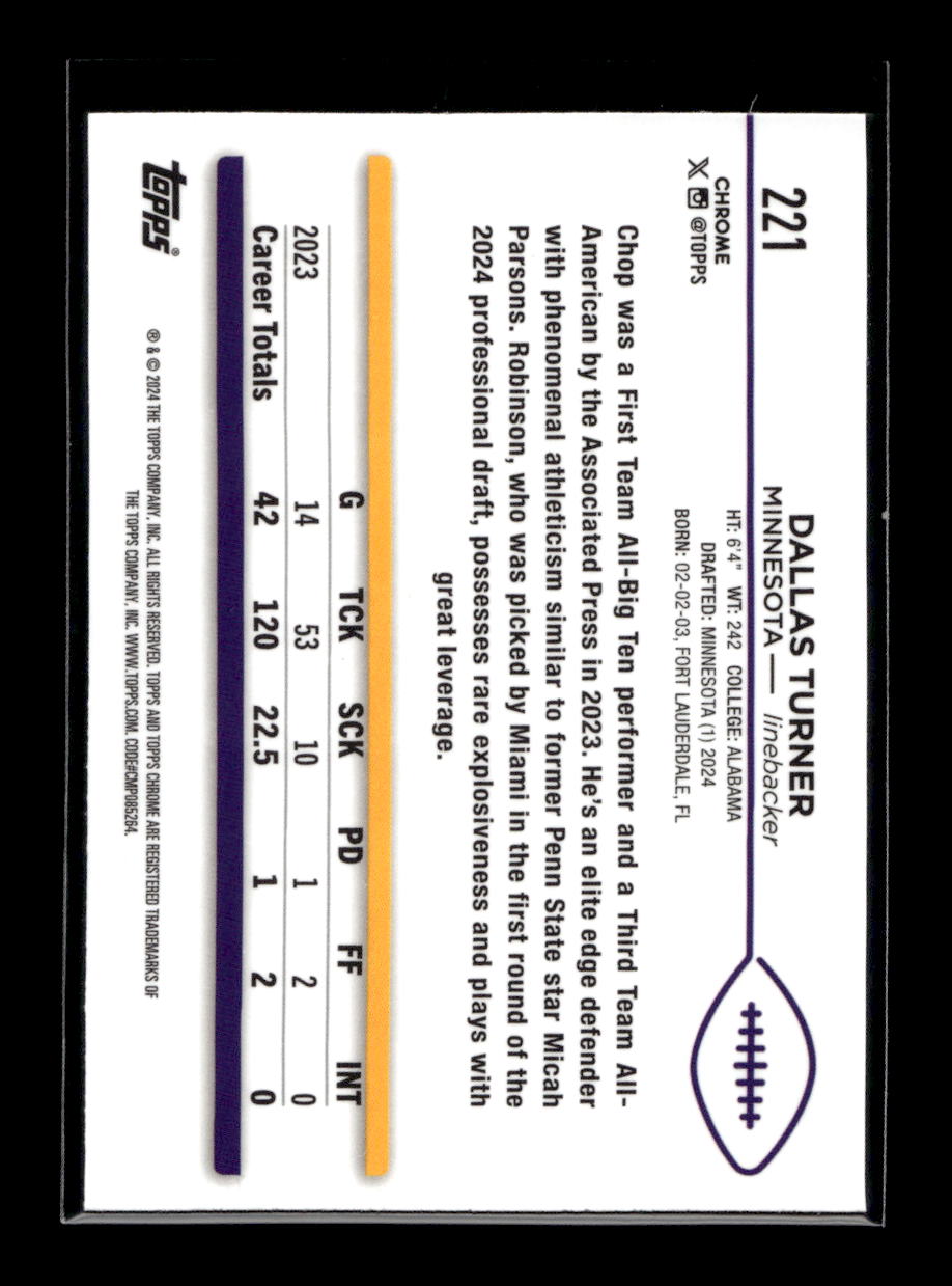 2024 Topps Chrome #221 Dallas Turner (Minnesota Vikings)