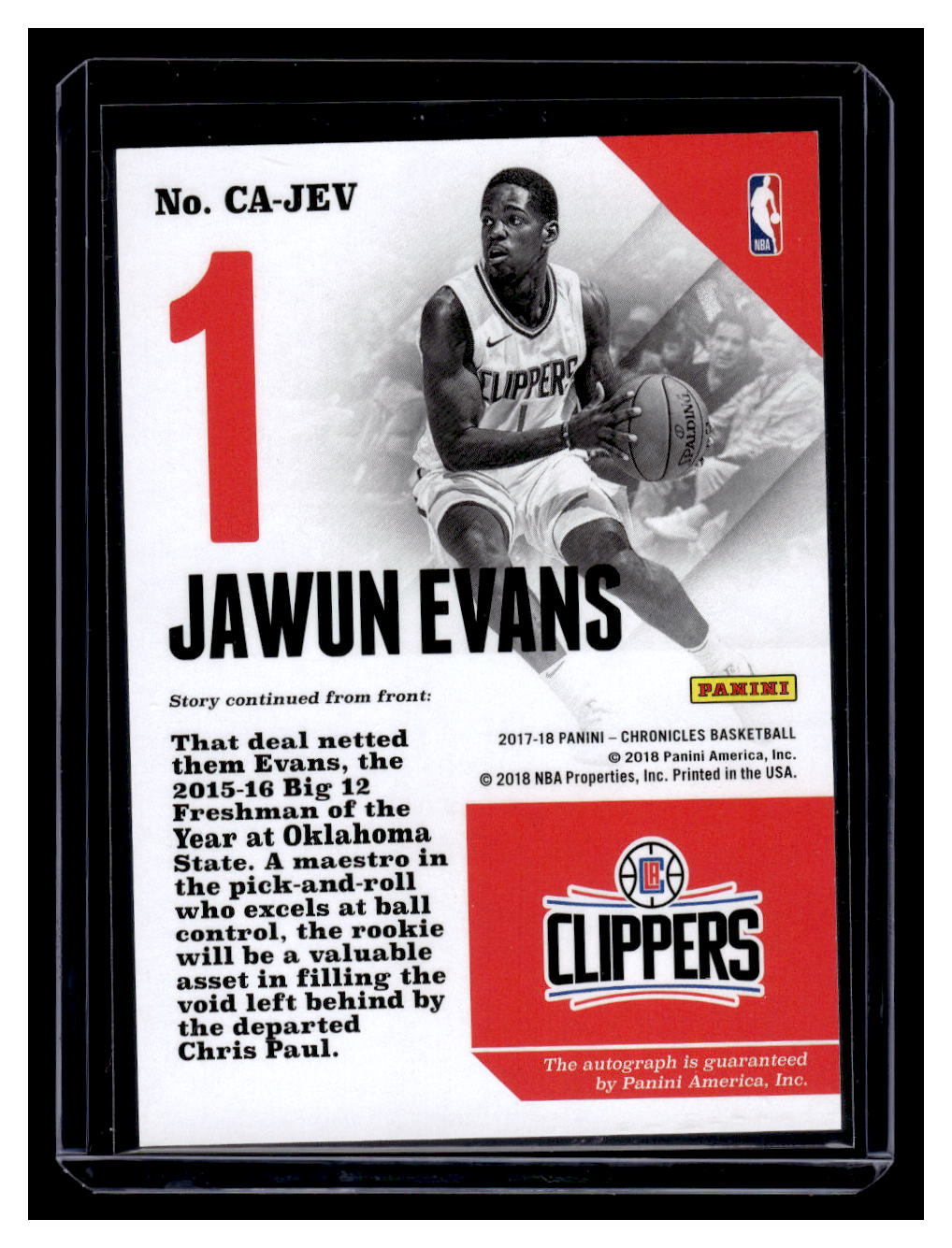 2017-18 Chronicles #CA-JEV Jawun Evans Autograph #'d /49 (Los Angeles Clippers)