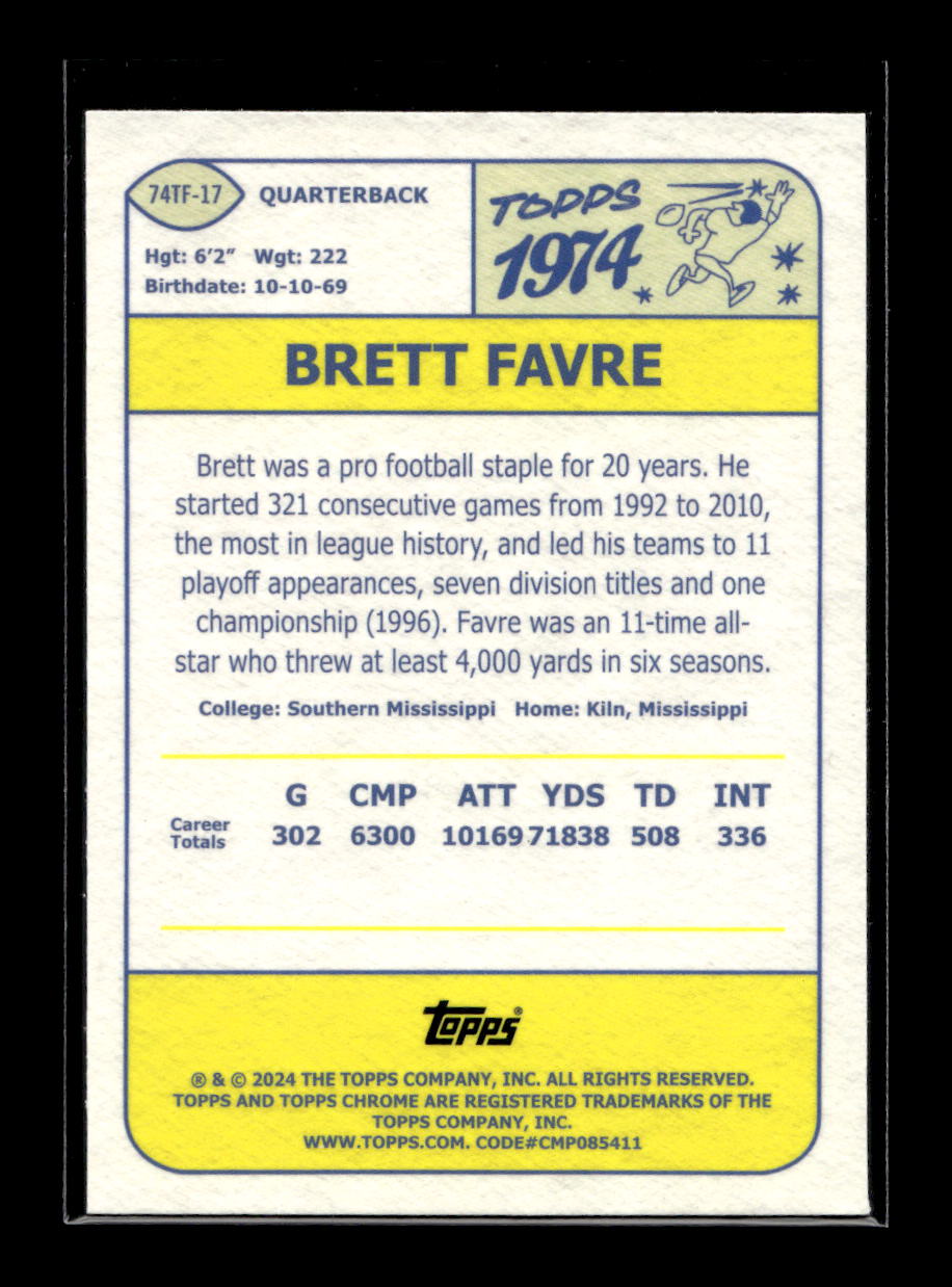 2024 Topps Chrome '74 Topps #74TF17 Brett Favre (Green Bay Packers)