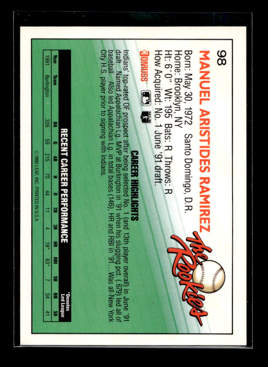 1992 Donruss Rookies #98 Manny Ramirez Rookie (Cleveland Indians)